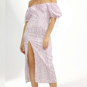 Cider White Purple Ditsy Slit Bubble Sleeve Slit Dress